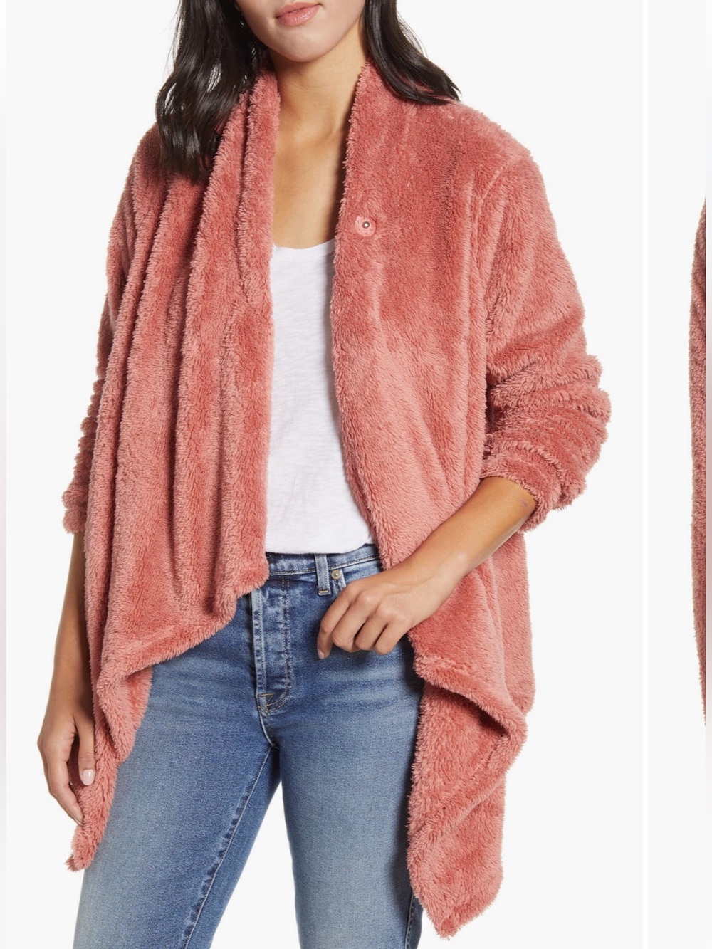 Bobeau Cozy Faux-Fur Open-Front Jacket in Dusty Rose